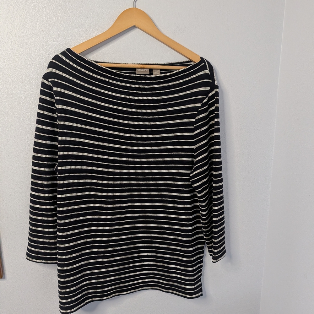 Chico’s Striped Boatneck Top | Size 2 (Large) | Black &‎ White Knit